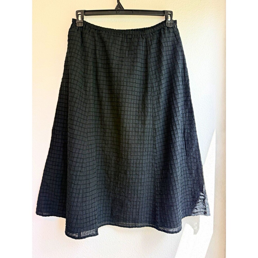 Eileen Fisher Women’s Black Check Knit A-Line Knee Pull-On Skirt Elastic M